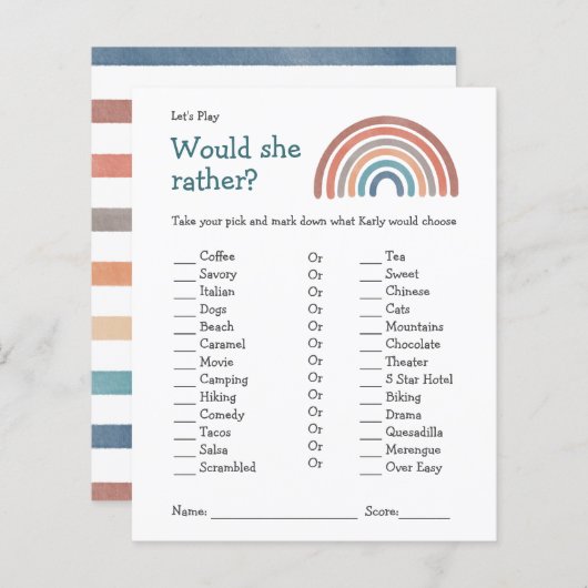 Papier Baby shower Game Voudrait-Elle Plutôt Boho Rainbow (Devant / Derrière)