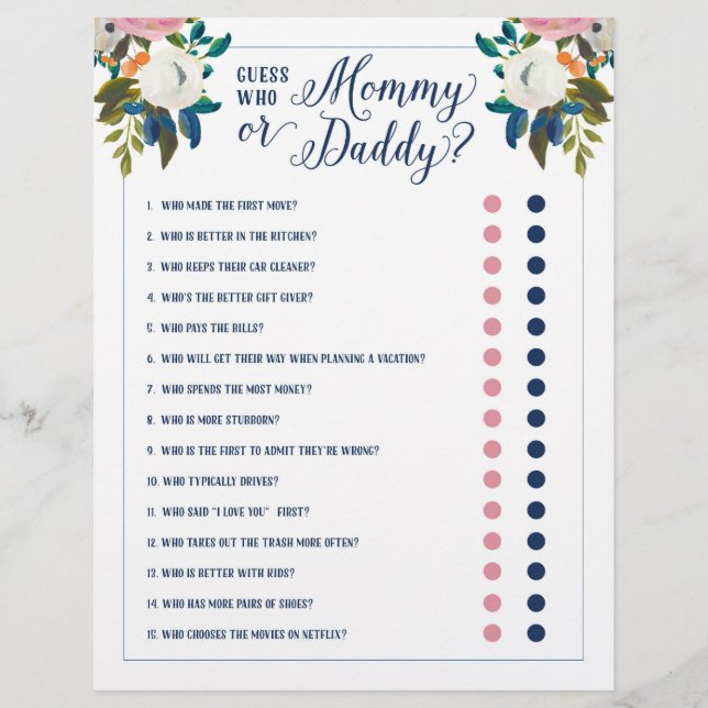 Papier Baby shower Games - Devinez Qui Maman ou Papa (Devant)