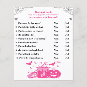 Papier Baby shower Halloween rose Devinez Qui Maman, Papa