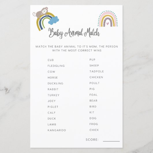 Papier Baby shower Jeu Bébé Animal Match Genre Neutre (Devant)