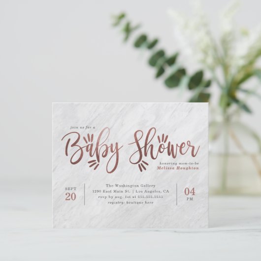 Papier Baby shower Marbre blanc et Rose Gold Script (Debout devant)