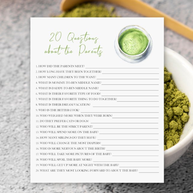 Papier baby shower matcha - 20 questions sur parent (Créateur téléchargé)