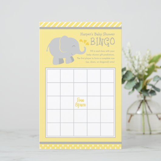 Papier Baby shower moderne Eléphant jaune et gris Bingo (Debout devant)