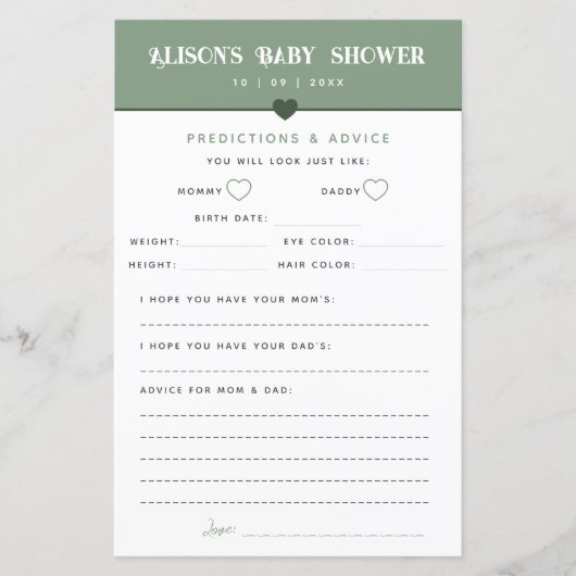 Papier Baby shower moderne Sage Conseils et prédictions (Devant)