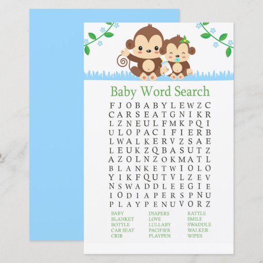 Papier Baby shower Mot de recherche de bébé singe Jeu (Devant / Derrière)
