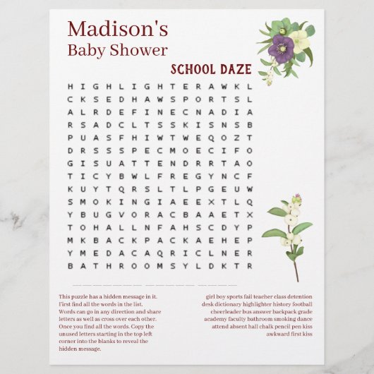 Papier Baby shower Mot de recherche Jeu 🍼 Fun & Cute Puz (Dos)