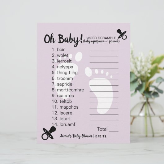 Papier Baby shower Mot Scramble Violet (Debout devant)
