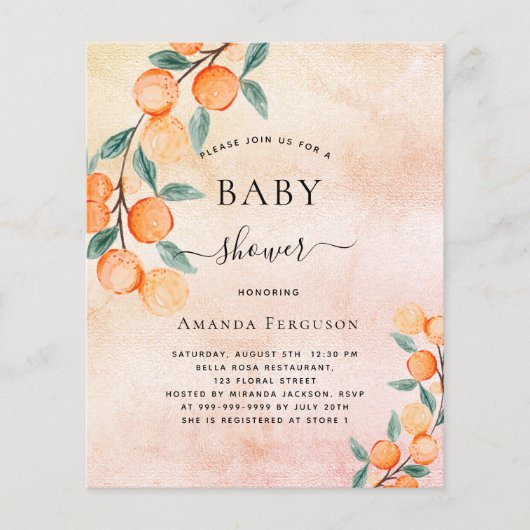 Papier Baby shower oranges rose or invitation (Devant)