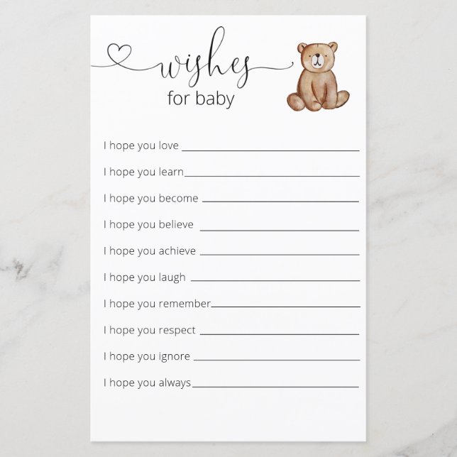 Papier Baby shower Ours De Bois Souhaite Pour Bébé (Devant)