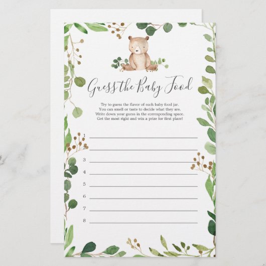 Papier Baby shower Ours Devinez La Nourriture Bébé (Devant / Derrière)
