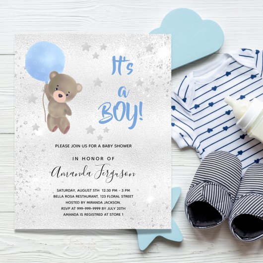 Papier Baby shower ours en peluche garçon bleu argent inv