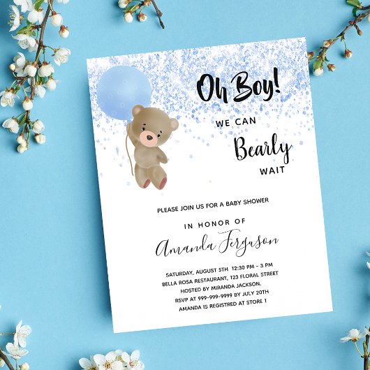 Papier Baby shower ours en peluche garçon bleu invitation
