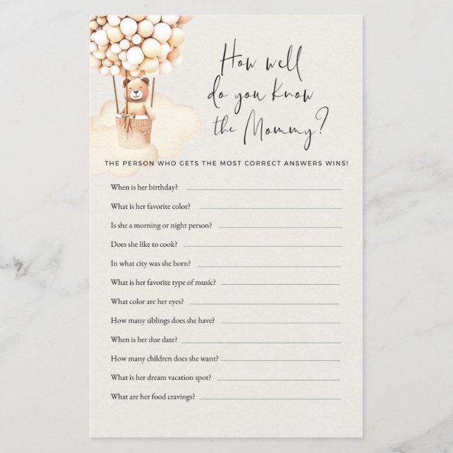 Papier Baby shower Ours Jeu Comment Bien Savez-Vous (Devant)