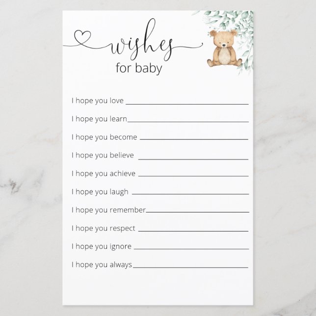 Papier Baby shower Ours Teddy Vert Souhaite Bébé (Devant)