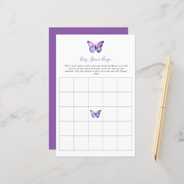 Papier Baby shower papillon Bingo Jeu élégant Script (Devant/Arrière en situation)