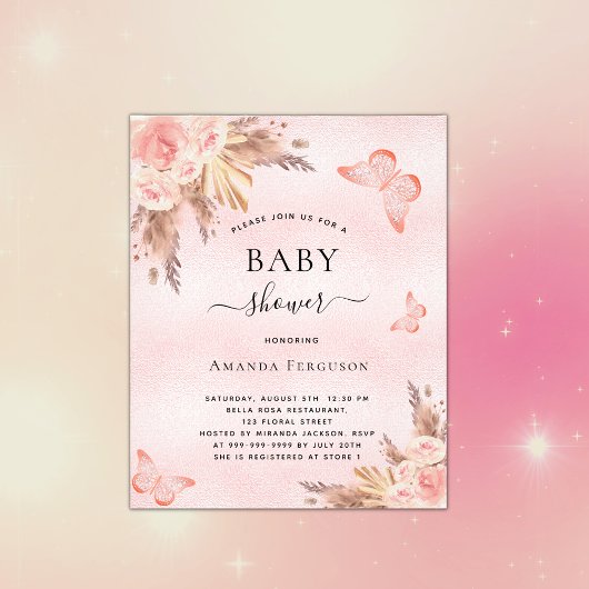 Papier Baby shower papillon pampas boho invitation