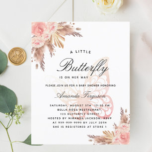 Papier Baby shower papillon rose fille pampas invitation