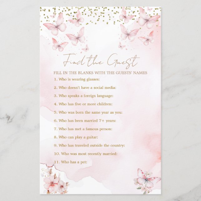 Papier Baby shower Papillon rose Fille Trouver L'Invité (Devant)