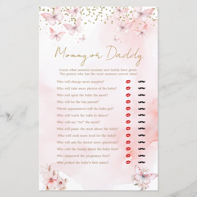 Papier Baby shower papillon rose maman ou papa jeu (Devant)