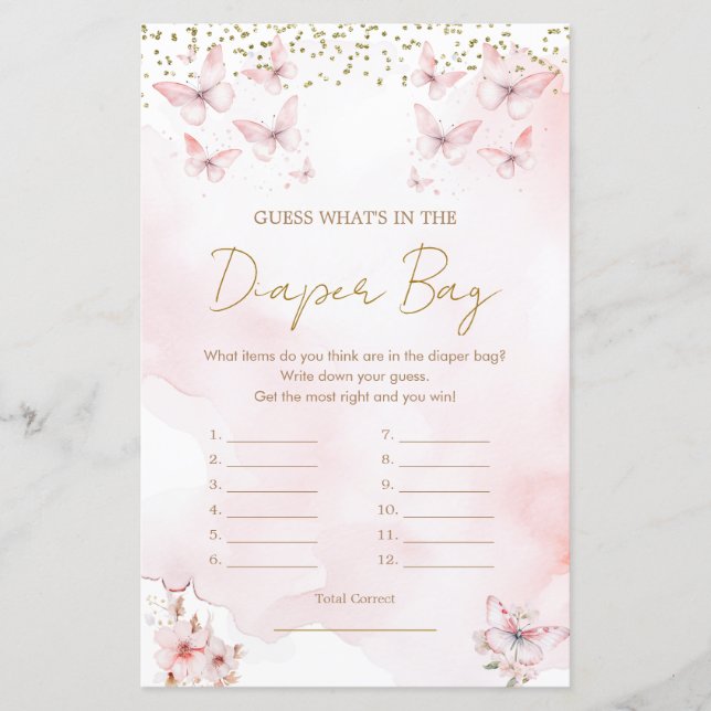 Papier Baby shower papillon rose Qu'y a-t-il dans le sac  (Devant)