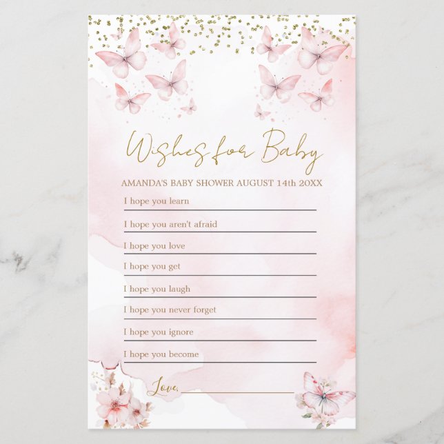 Papier Baby shower papillon rose souhaits pour le jeu béb (Devant)