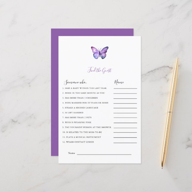 Papier Baby shower papillon Trouvez la fête du jeu invité (Devant/Arrière en situation)