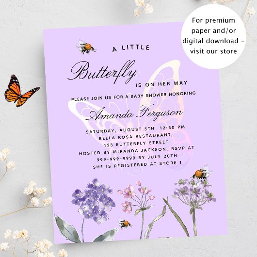 Papier Baby shower papillon violet invitation budgétaire