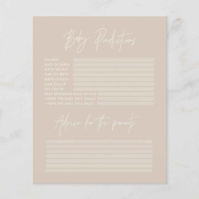 Papier Baby shower parti prédictions jeu beige (Devant)