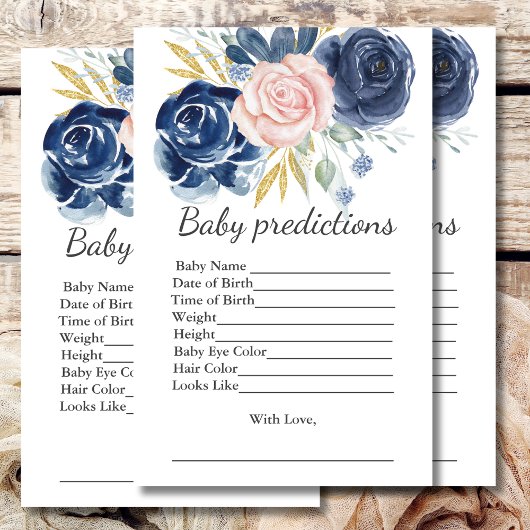 Papier Baby shower Prédiction Jeu Marine Blush Rose Flora