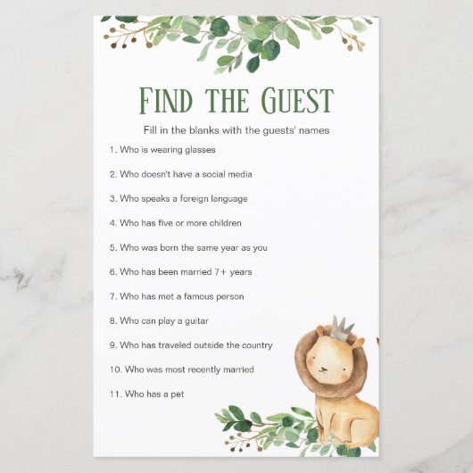Papier Baby shower Prince Lion de verdure Trouvez l'invit (Devant)