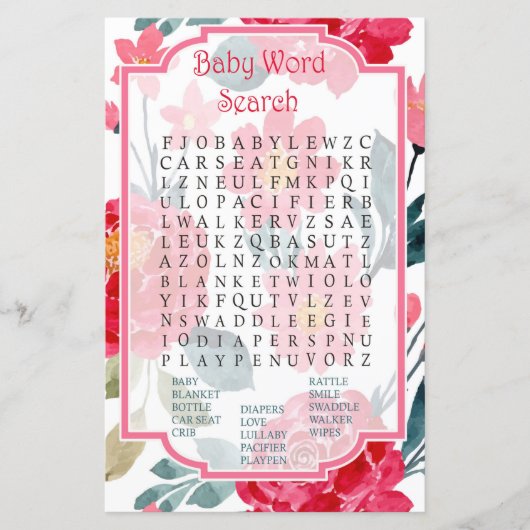 Papier Baby shower rose aquarelle Word Search Jeu (Devant)