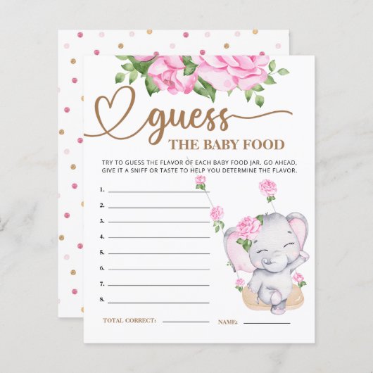 Papier Baby shower rose Eléphant Guess the Baby Food Card (Devant / Derrière)