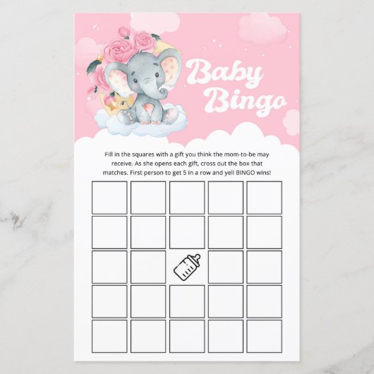 Papier Baby shower rose Floral Elephant Jeu de Bingo (Devant)