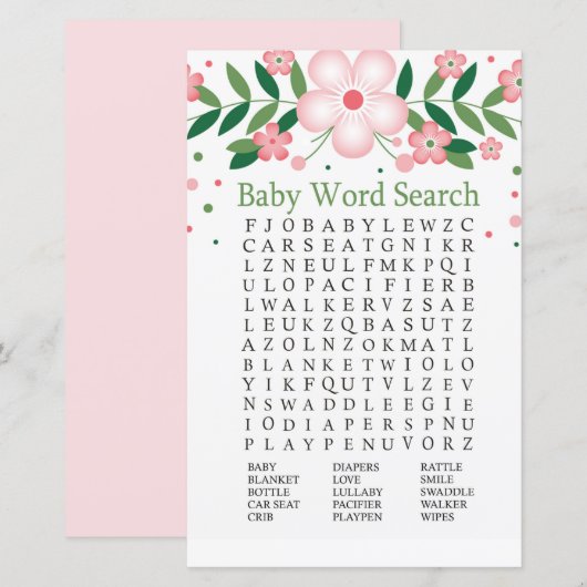 Papier Baby shower rose Floral Word Recherche Jeu (Devant / Derrière)