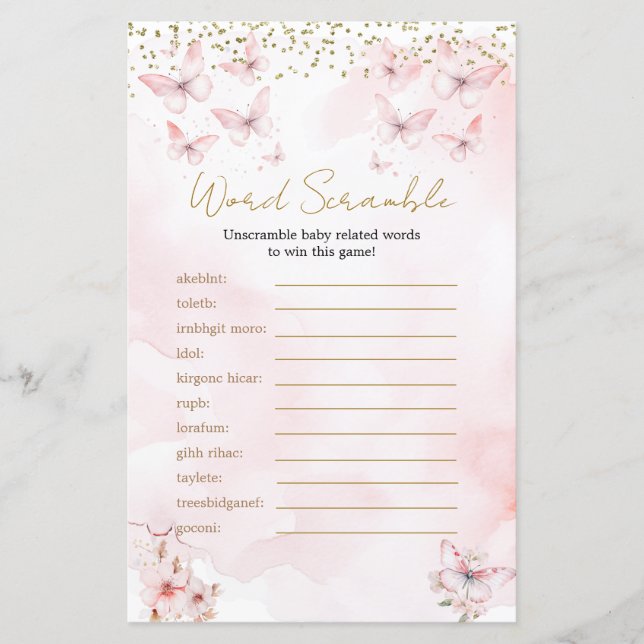 Papier Baby shower rose papillon fille Word Scramble Jeu (Devant)