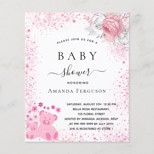 Papier Baby shower rose teddy fille invitation florale (Devant)
