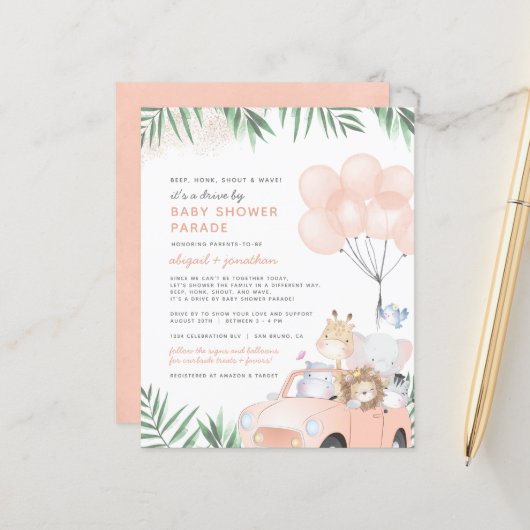 Papier Baby Shower Safari Conduite Budget Blush Rose Doré (Devant/Arrière en situation)
