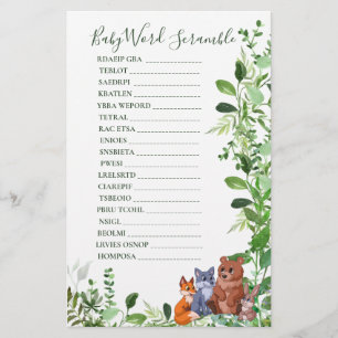 Papier Baby shower Scramble Woodland bébé forêt amis