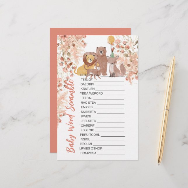 Papier Baby shower Scrambule Boho Safari Pampas Rose Gras (Devant/Arrière en situation)