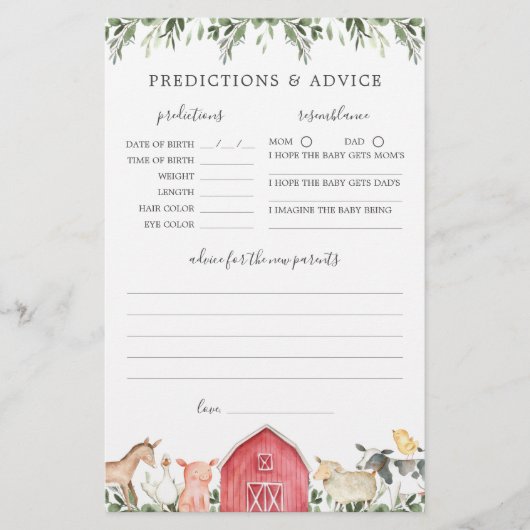 Papier Baby shower sur les animaux de ferme Prédictions e (Devant)