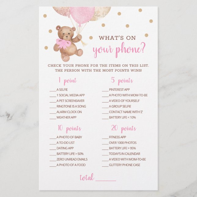 Papier Baby shower Wat's On Your Phone Jeu Teddy Bear (Devant)