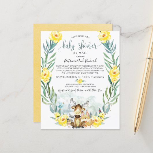 Papier Baby shower Woodland Par Courrier Budget Invitatio (Devant/Arrière en situation)