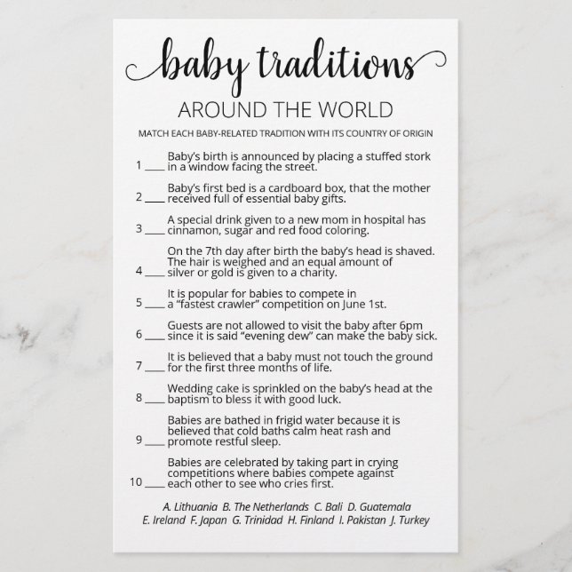 Papier Baby Traditions jeu Baby shower partie (Devant)