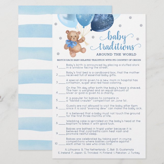 Papier Baby Traditions Jeu Baby shower Teddy Bear (Devant / Derrière)