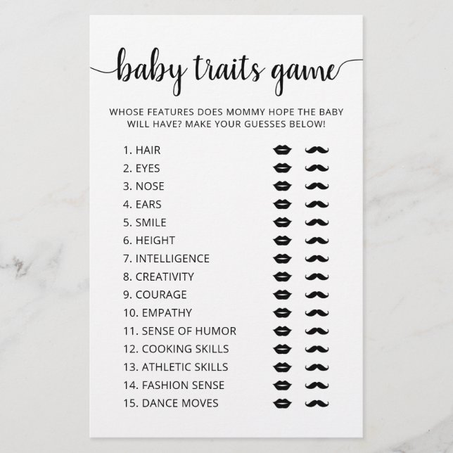 Papier Baby traits game Baby Shower party Game card (Devant)