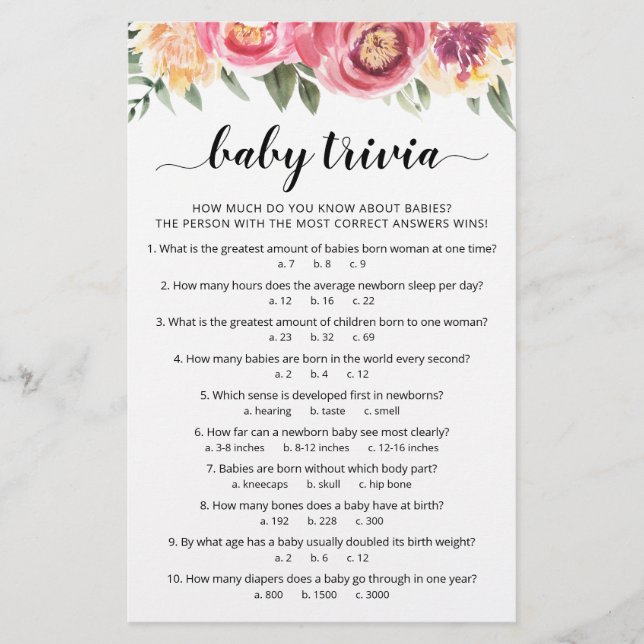 Papier Baby Trivia Jeu avec réponses Baby shower partie (Devant)
