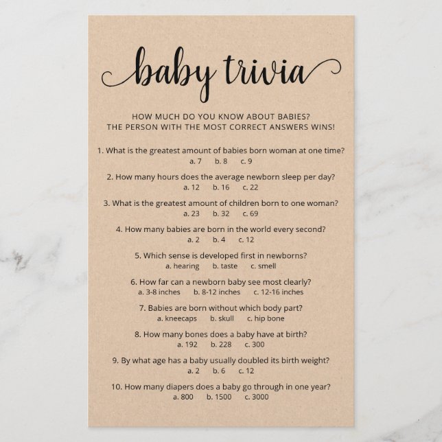 Papier Baby Trivia Jeu avec réponses Baby shower partie (Devant)