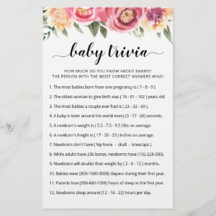 Papier Baby Trivia Jeu avec réponses Baby shower partie
