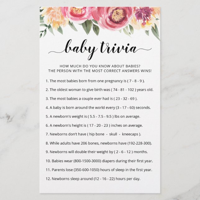 Papier Baby Trivia Jeu avec réponses Baby shower partie (Devant)