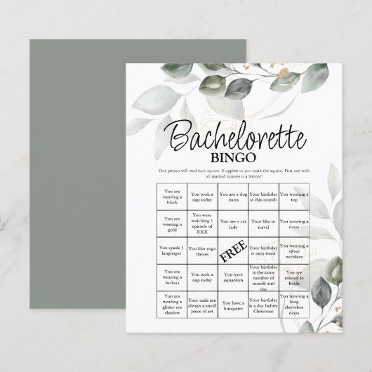 Papier Bachelorette Bingo vert jeu nuptiale (Devant / Derrière)
